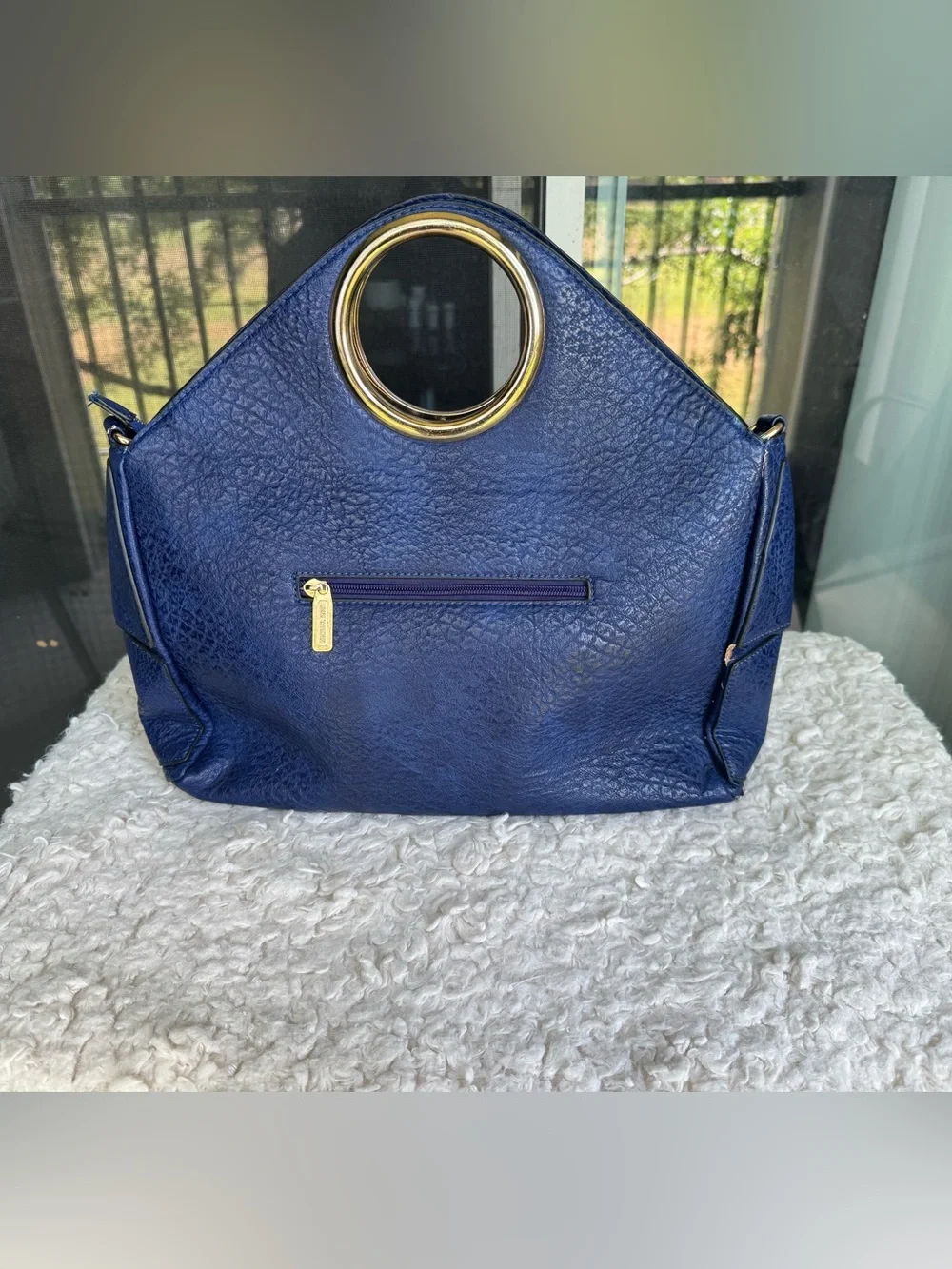 Michael Kors Navy Leather Ring-Handle Satchel with Gold Hardware